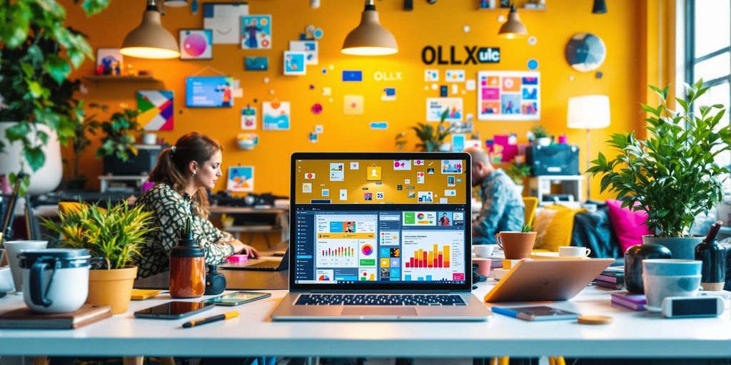 Modern workspace with digital devices and colorful visuals.