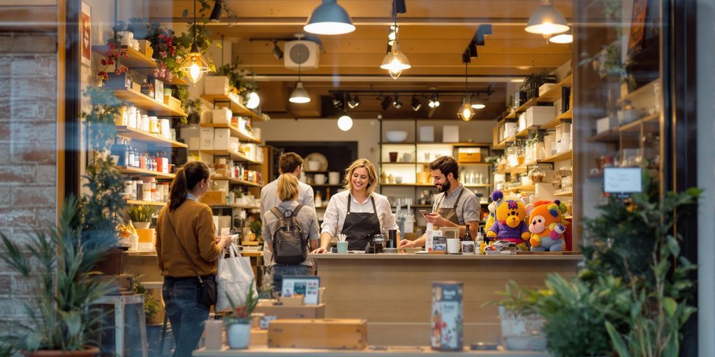 Business owner engaging with customers in a storefront.