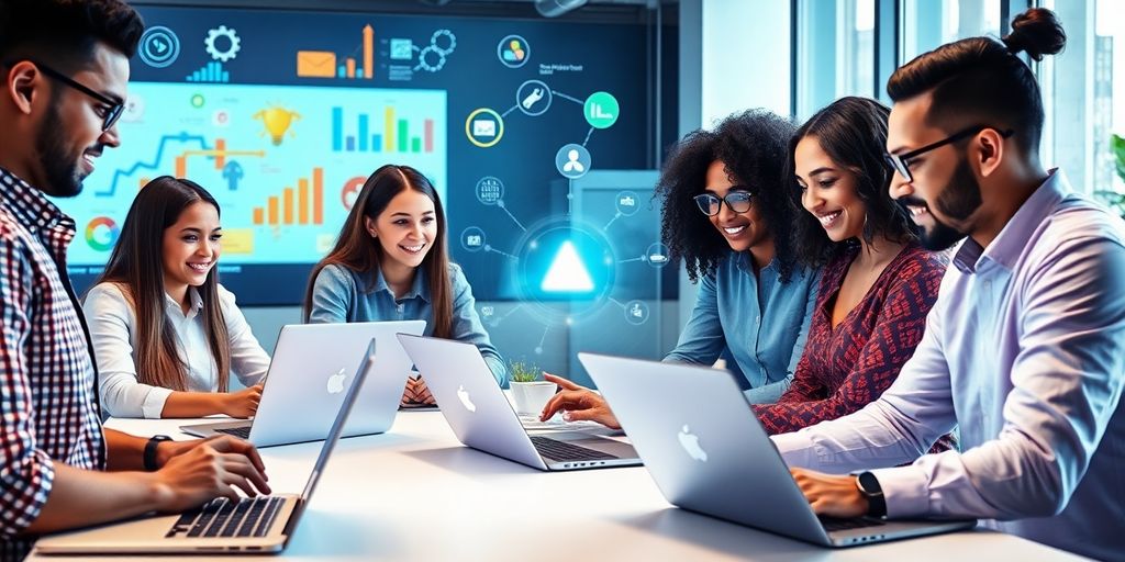 Diverse team using AI tools in a modern office.