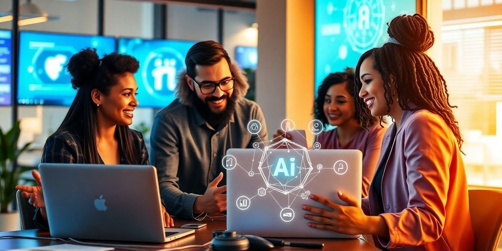 Diverse team collaborating with AI technology in an office.