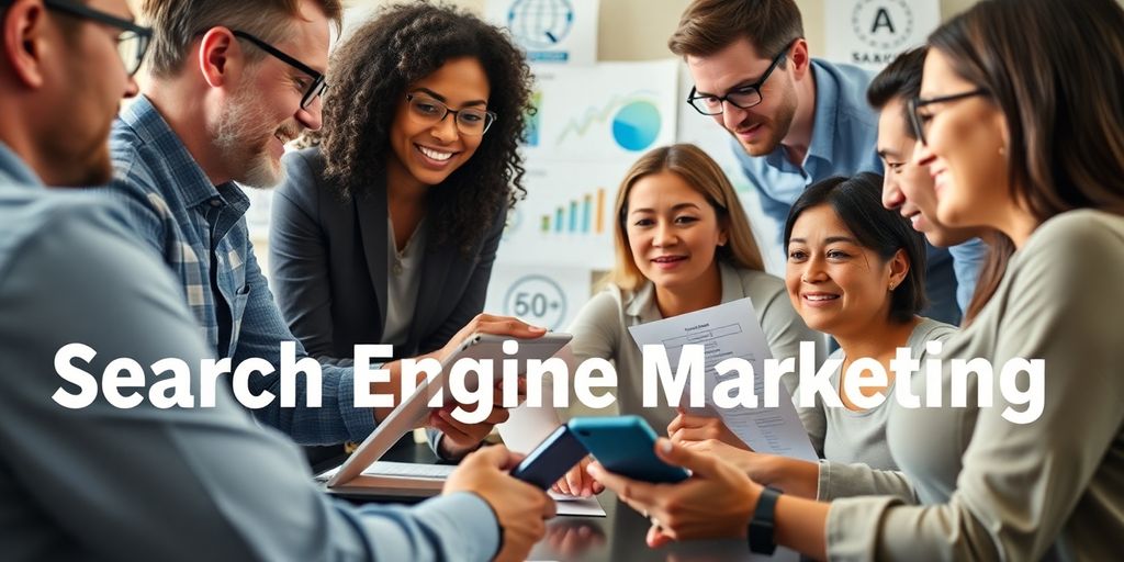 Diverse professionals collaborating on search engine marketing strategies.