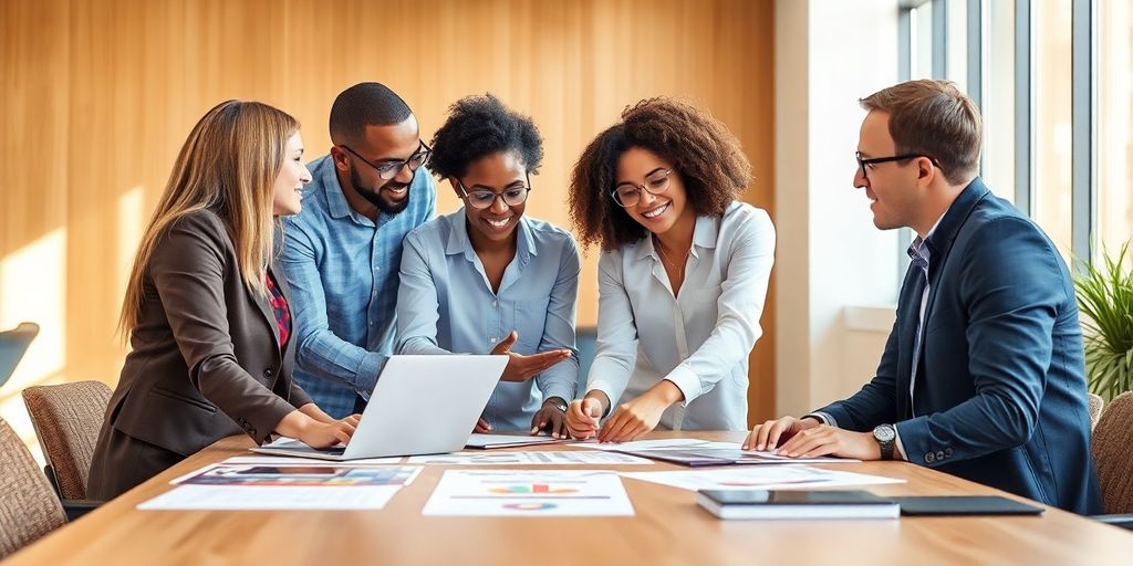 Group of professionals collaborating on link building strategies.