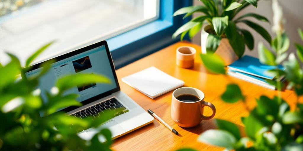 A realistic workspace with a laptop and notepad.