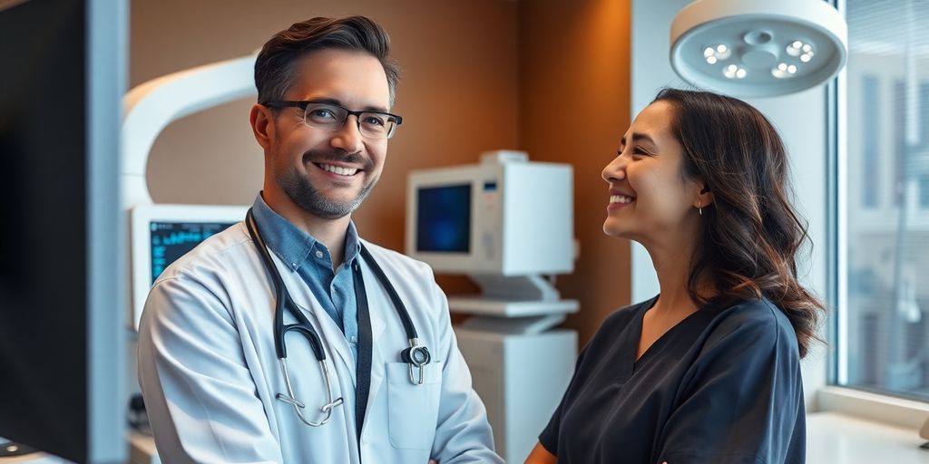 Plastic surgeon in modern clinic consulting with patient.