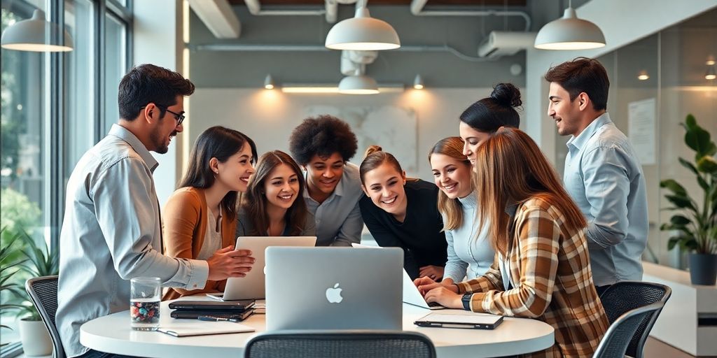 Diverse professionals collaborating in a modern workspace for SEO.