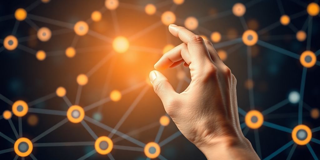 Hand placing a link in a vibrant digital network.