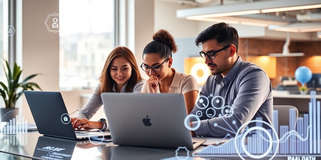 Team collaborating on search engine optimization strategies at a desk.